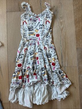 Girls Cream Graphic Ruffle Sundress with School Motif